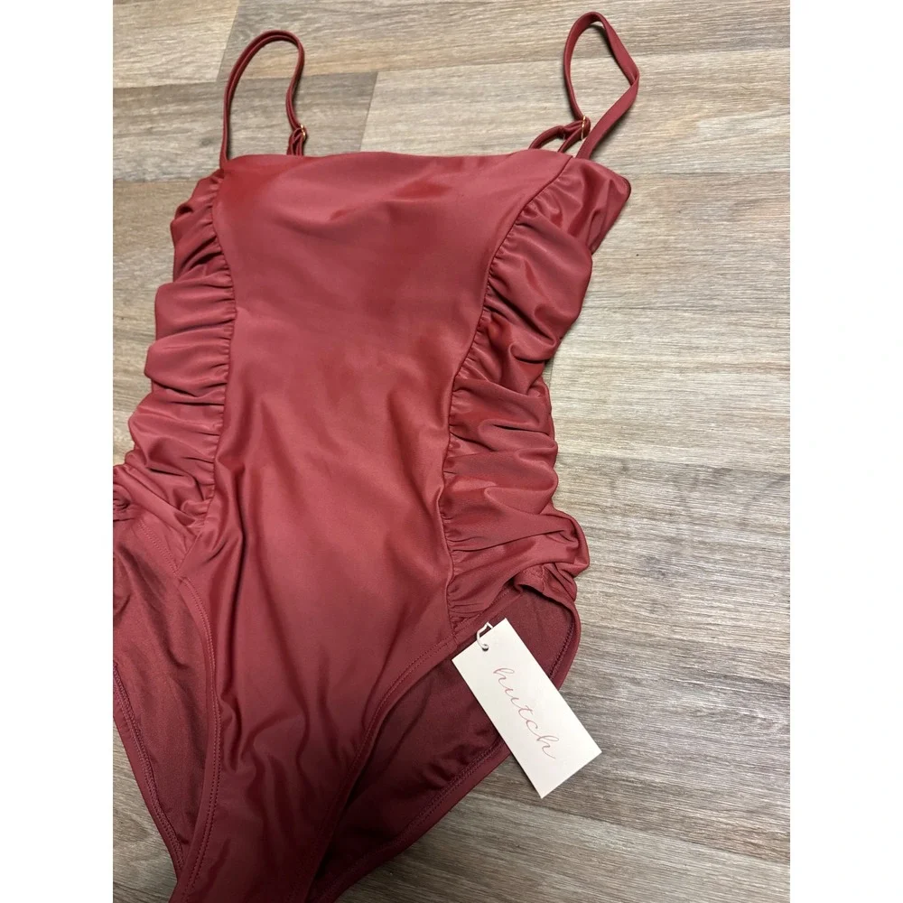 Hutch Womens Ruched One Piece Swimsuit Rust Burgundy Square Neck Large NWT - Picture 2 of 7